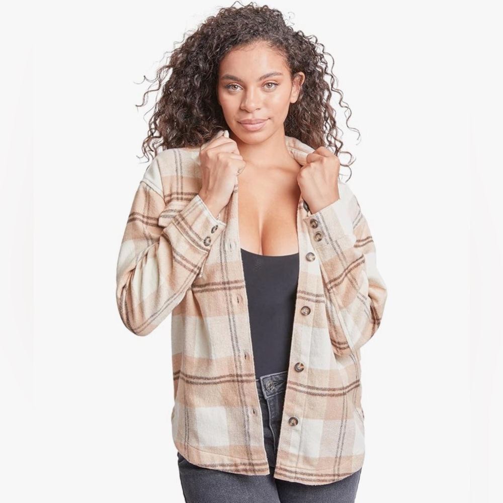 YMI Women's Junior Full Length Hi-Low Plaid Shacket Khaki Plaid Junior Small NWT